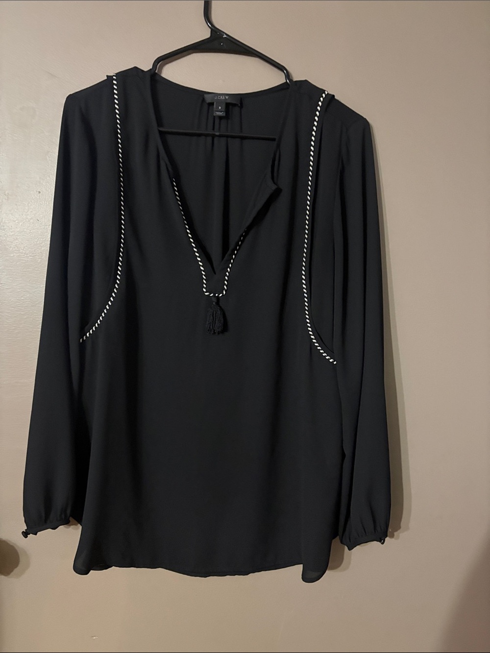 J. Crew Black Long-Sleeve Tassel V-Neck Top with White Trim